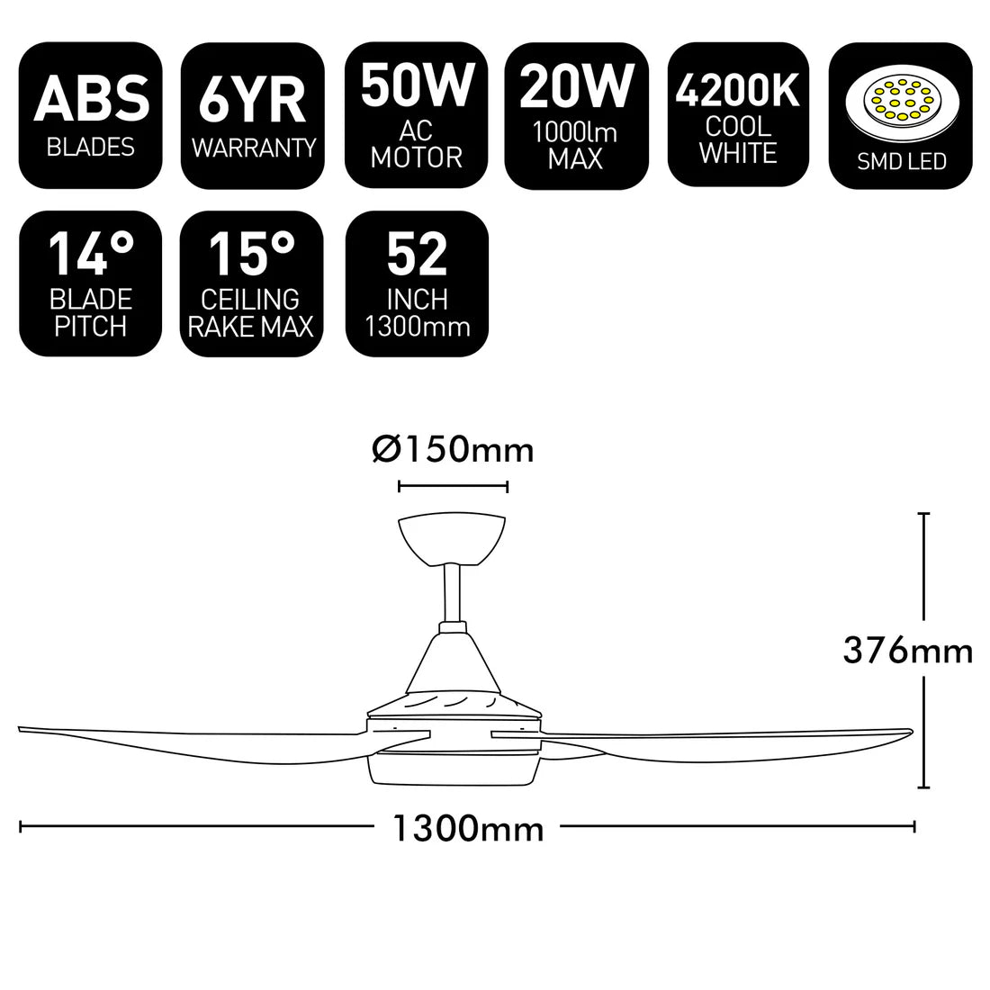 Brilliant VECTOR- 52in. with Ezy-Fit Blades Light and Ceiling Fan 4000K White/ Black 50W 240V - 20168/05