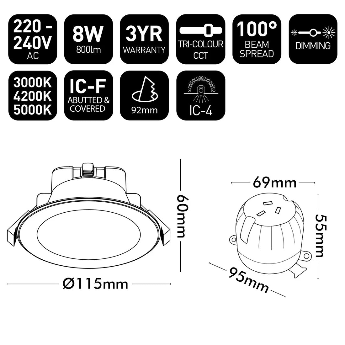 Brilliant PROJECT PROPACK & Socket (Sold in 20 per Pack) LED Downlight Tri - White 8W 220-240V IP44 - 21996/05
