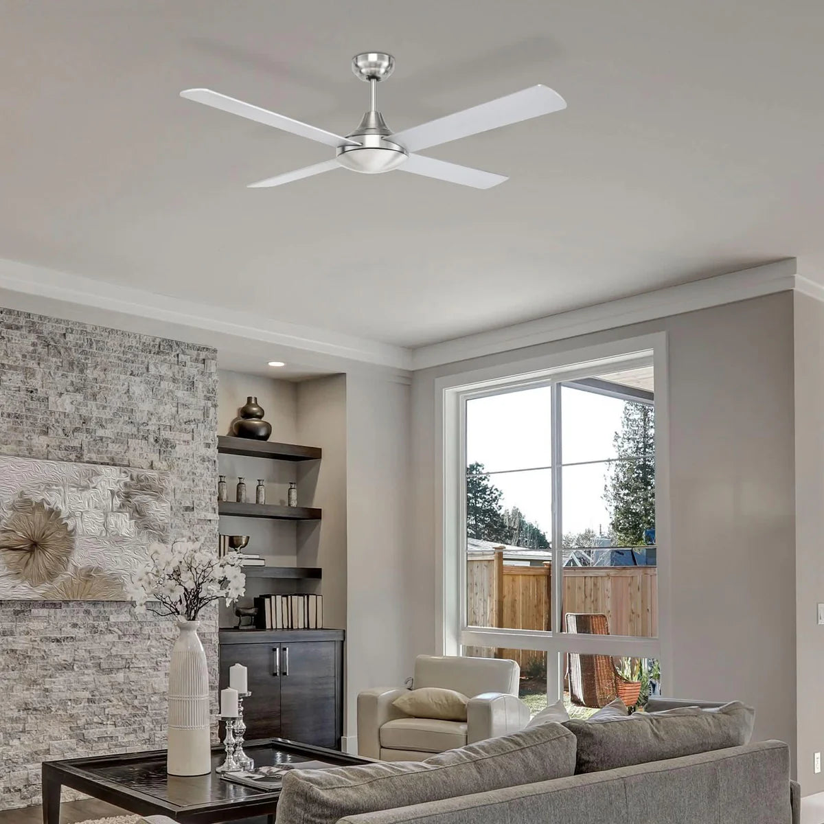Brilliant Tempo Plus 48" AC Ceiling Fan Brushed Chrome/ White/ Black 65W 240V- 22270/13, 22270/06, 22270/05