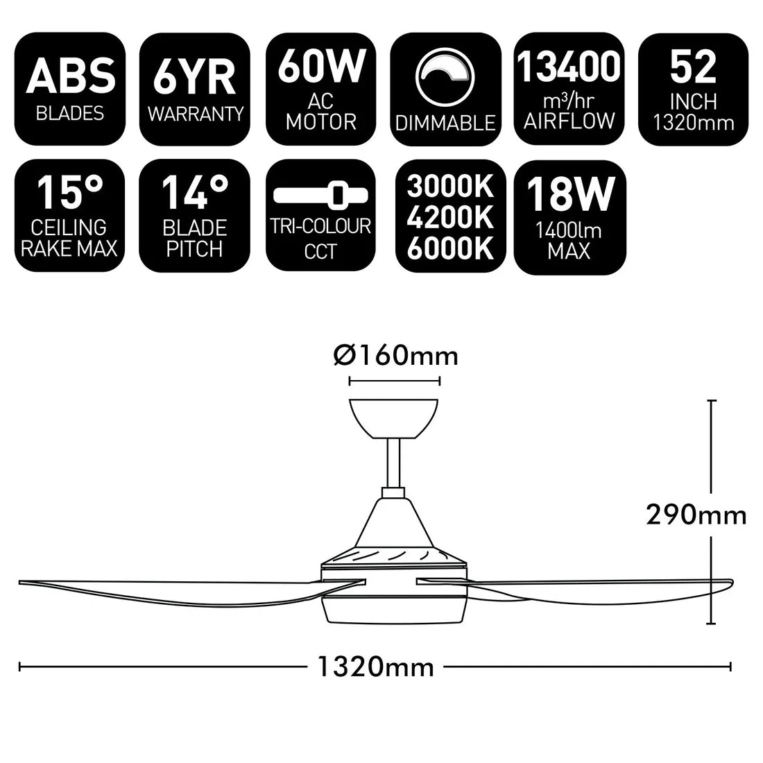 Brilliant Vector-III 52’’ AC Ceiling Fan Tri- Black/ White 60W 240V- 22293/06, 22293/05