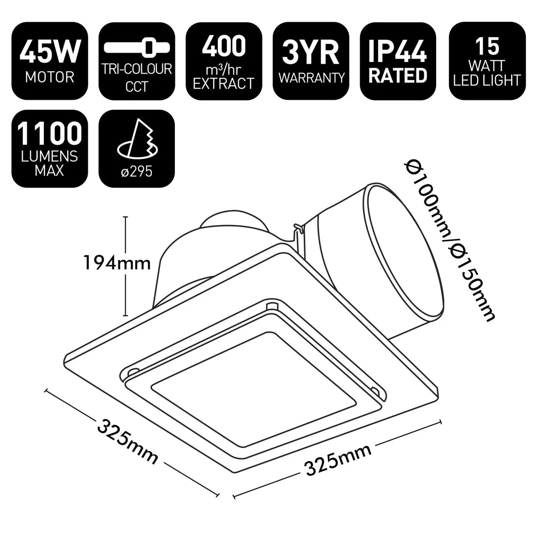 Brilliant Sarico 325mm Square Exhaust Fan Tri- White 15W 240V IP44- 22376/05