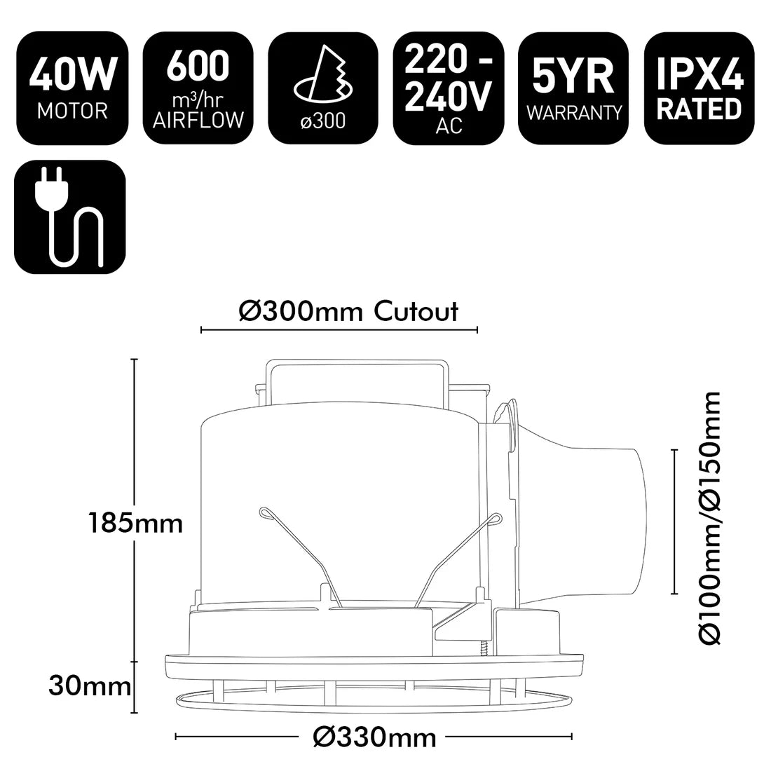 Brilliant Blizzard 330mm Round Exhaust Fan White 240V- 22772/05