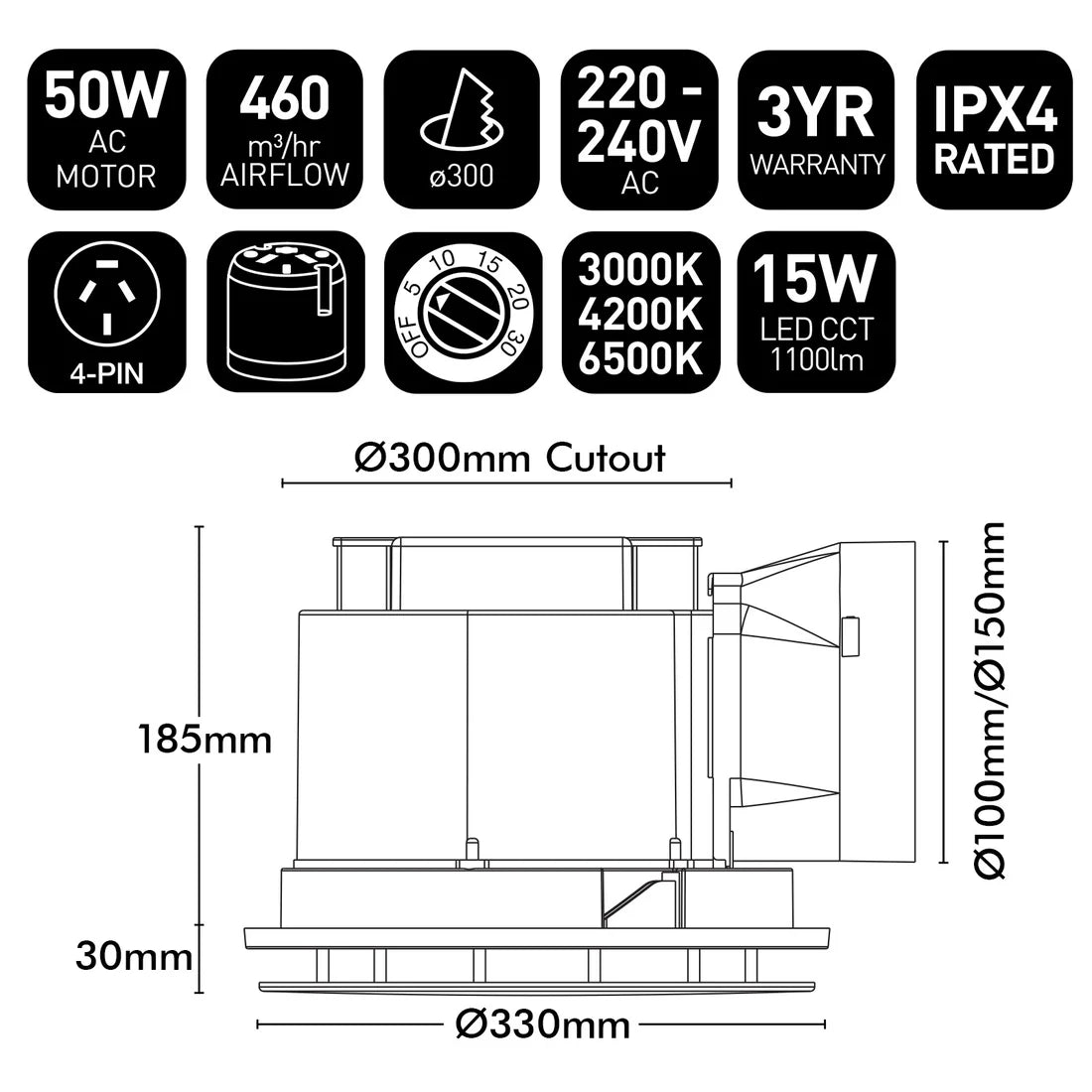 Brilliant Talon Promax 330mm Round Exhaust Fan with Light and Delay Timer Tri- White 15W 240V- 22907/05