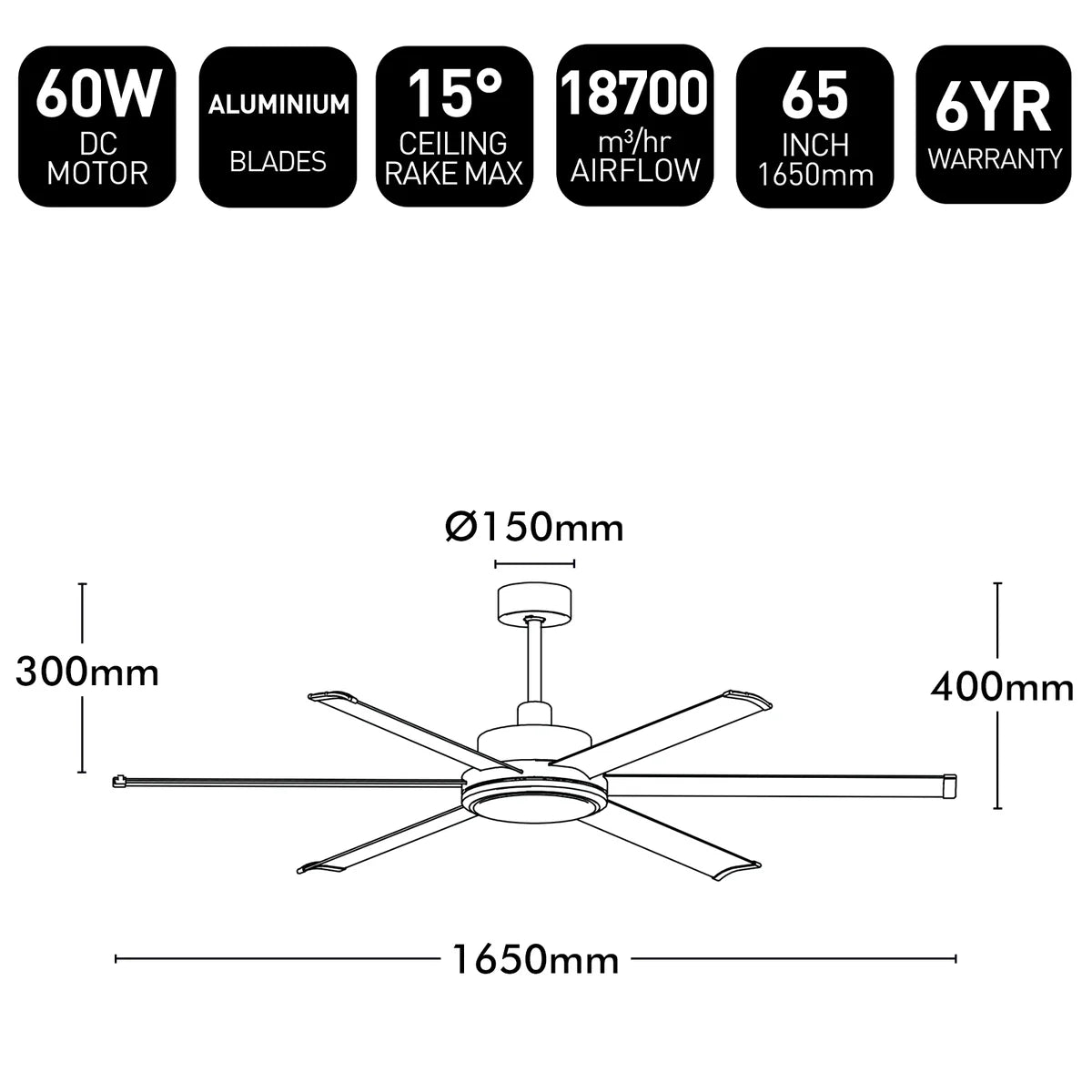 Brilliant 65" Colossus II 6-Blade Ceiling Fan White 60W 240V- 22979