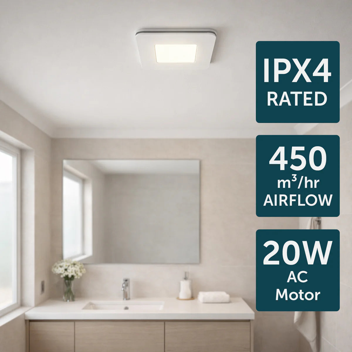 Brilliant Blizzard Square Exhaust Fan with LED Light Tri- White 15W 240V- 23028/05, 23029/05