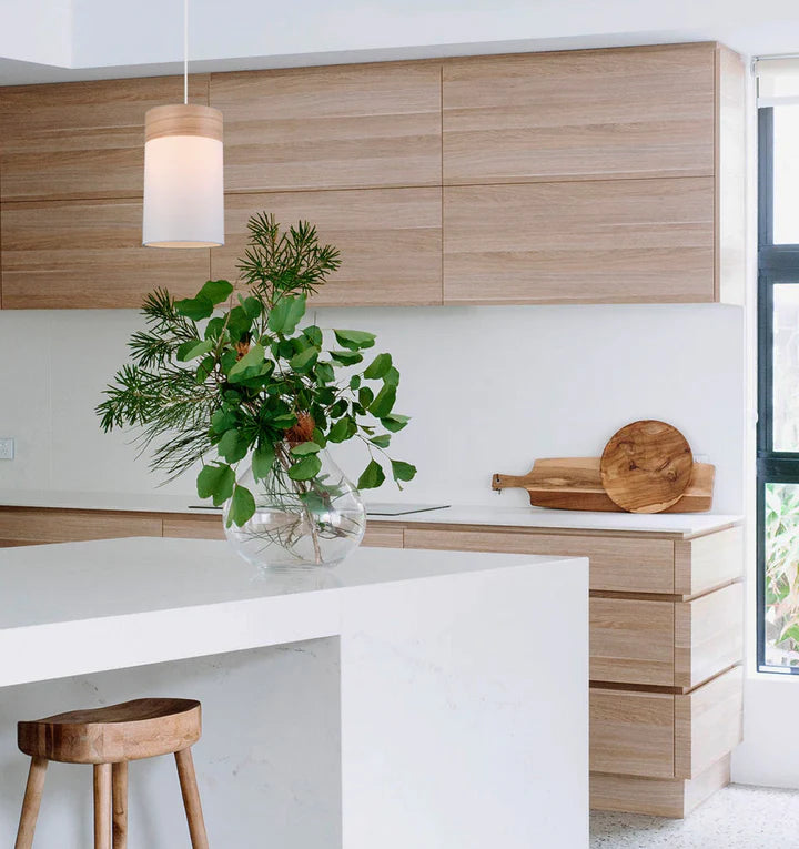 CLA TAMBURA Oblong Cloth Shade with Blonde Wood Trim Interior Pendant White / Black 220-240V - TAMBURA01, TAMBURA02 - CLA LIGHTING