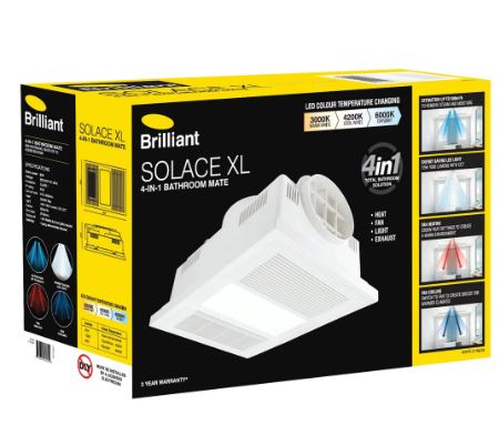 Brilliant SOLACE-XL 4-in-1 Bathroom Heater Ceiling Fan Tri - Matt White / Matt Black 15W 220-240V - 21785/06, 21785/05 - Brilliant Lighting