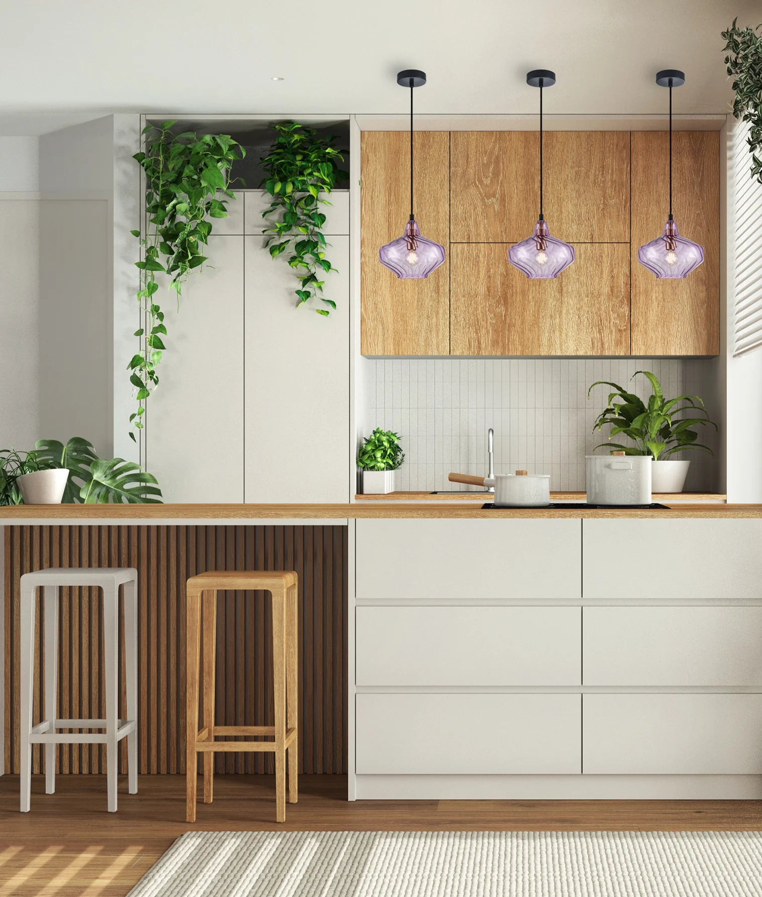 CLA CAMPANA: Interior Wine Glass Shape Ribbed Interior Pendants Smokey Black/ Purple/ Green/ Amber 240V - CAMPANA