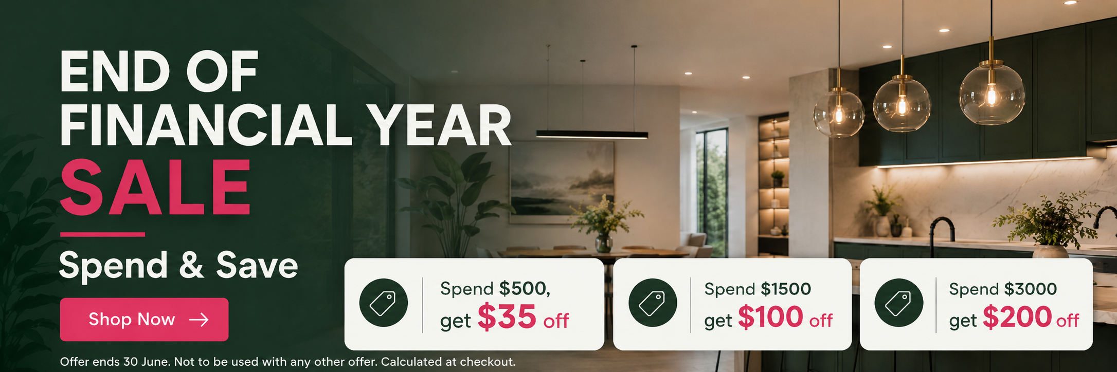 End of Financial Year Sale advertisement with kitchen background and promotional text.