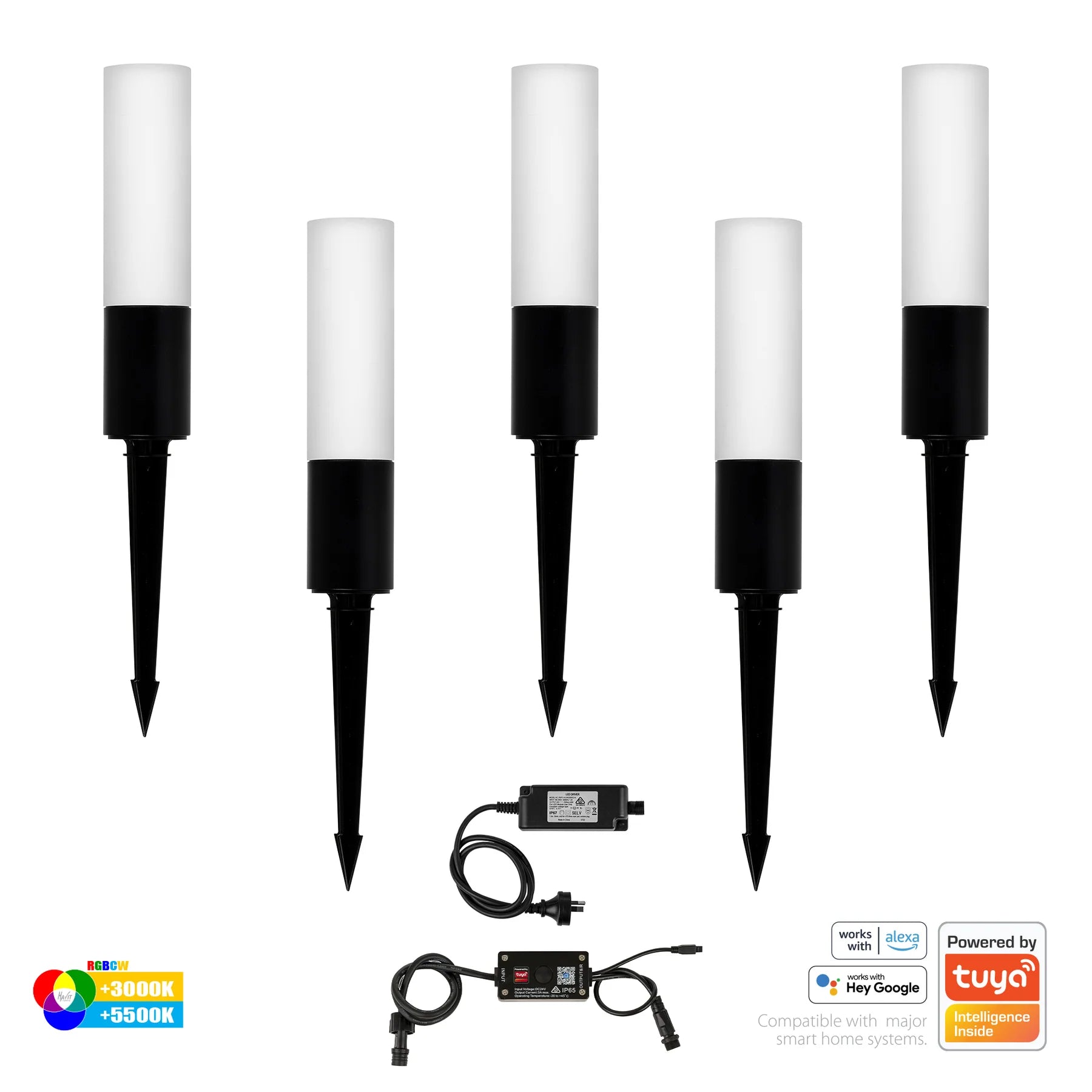 Havit Akril Garden Spike 5 Light Kit RGBCW Aluminium Black 5x3W 24V IP65- HV1449RGBCW-BLK-KIT