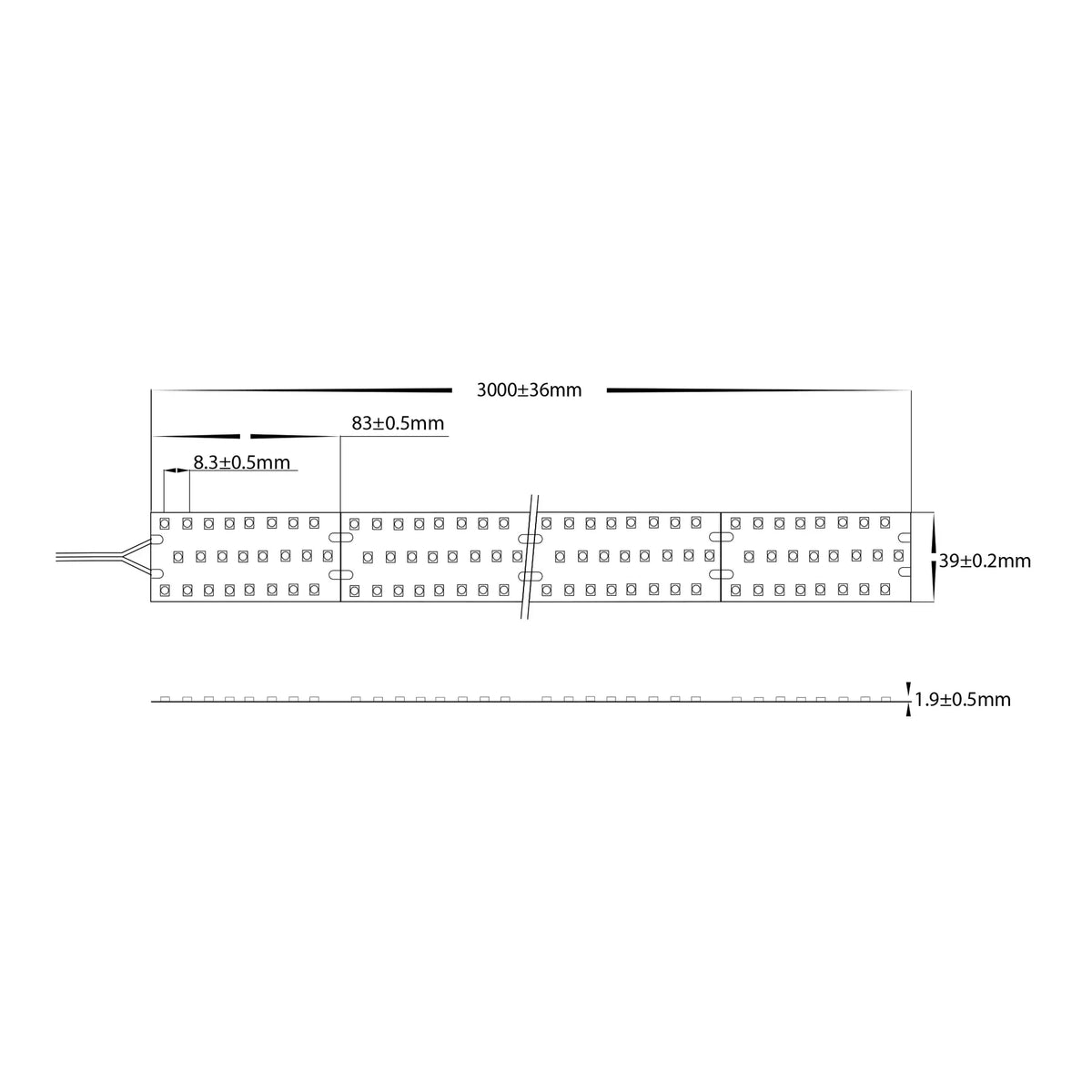 Havit HV9783-IP20-252-5K dimension drawing showing 39mm Wide × 2mm High and 83mm cutting increments