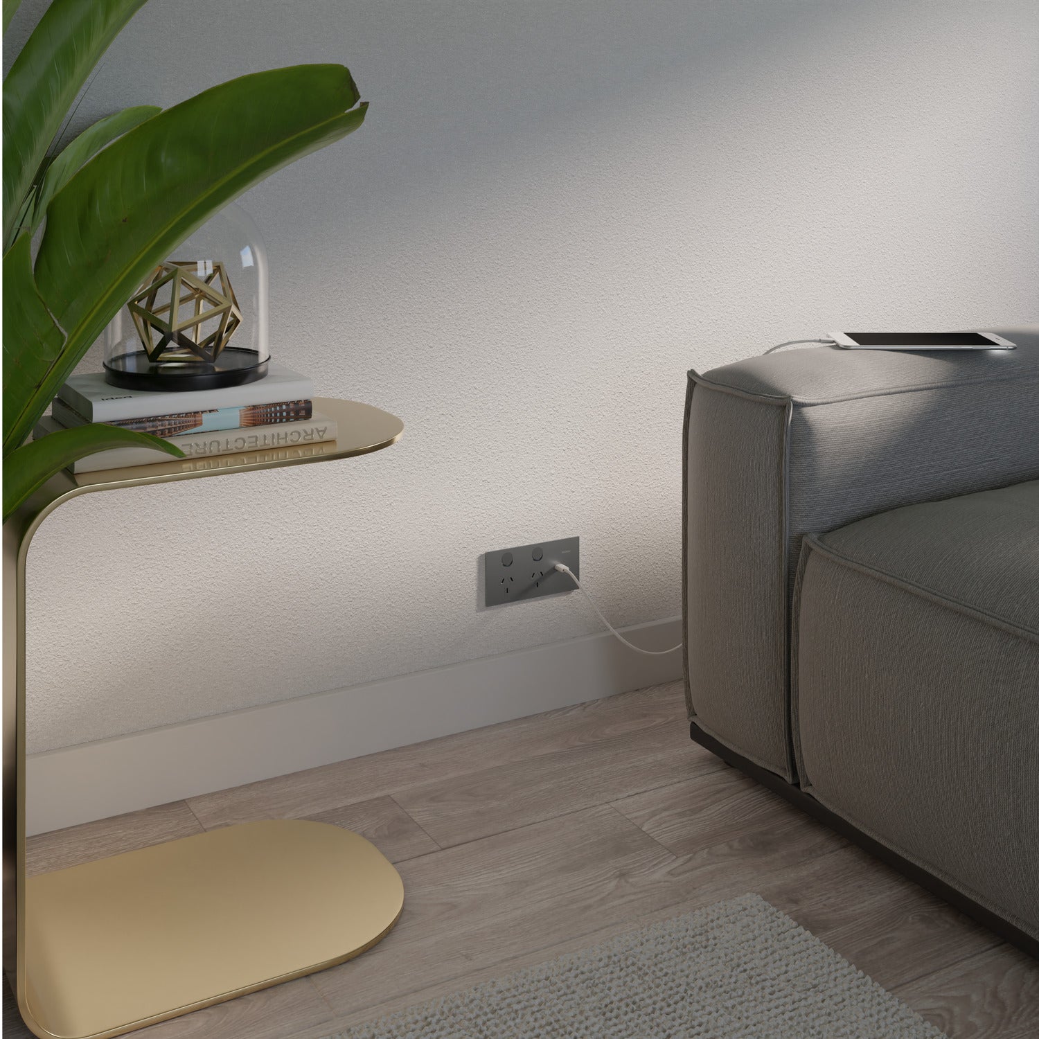 Clipsal Double Switch Power Point, Clipsal Solis T Series, with USB C Charger, Horizontal Mount Platinum 230V-240V- 1025USBC-PT