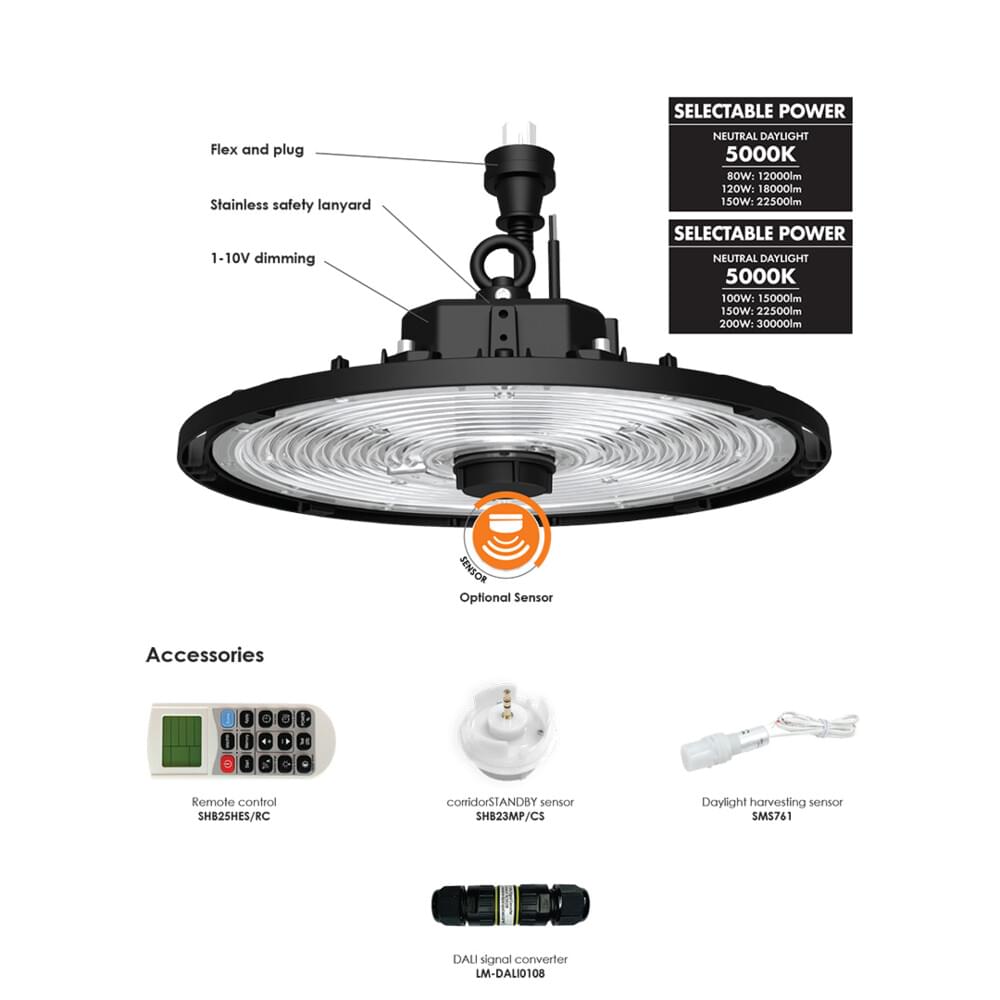 SAL UFO SHB26MP LED High Bay 5000K Black 80/120/150W 240V IP65 - SHB26MP