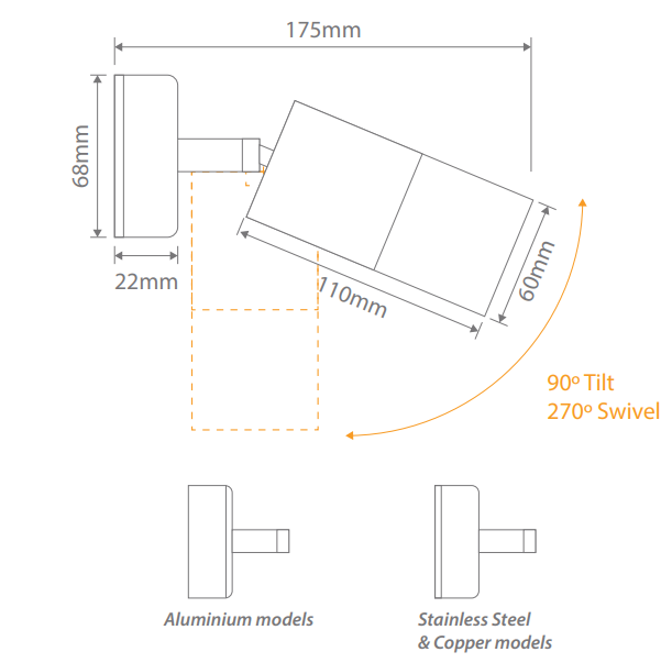 Domus SHADOW 1LT Adjustable Exterior Wall Lights Tri- Bronze/ Brass 240V IP65- 49061, 49063