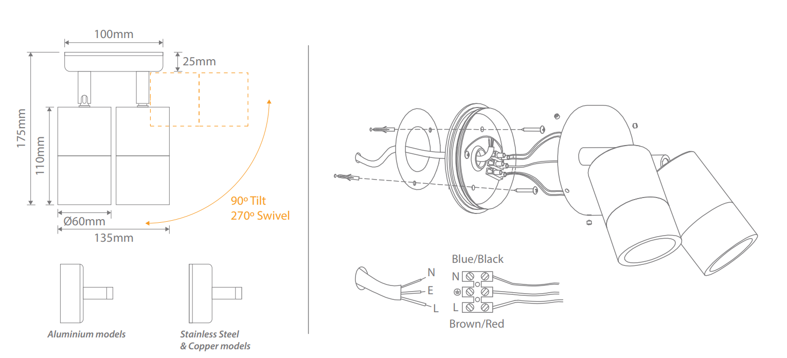 Domus Shadow 2LT Adjustable Exterior Wall Lights Tri- Bronze/ Brass 240V IP65- 49062, 49064