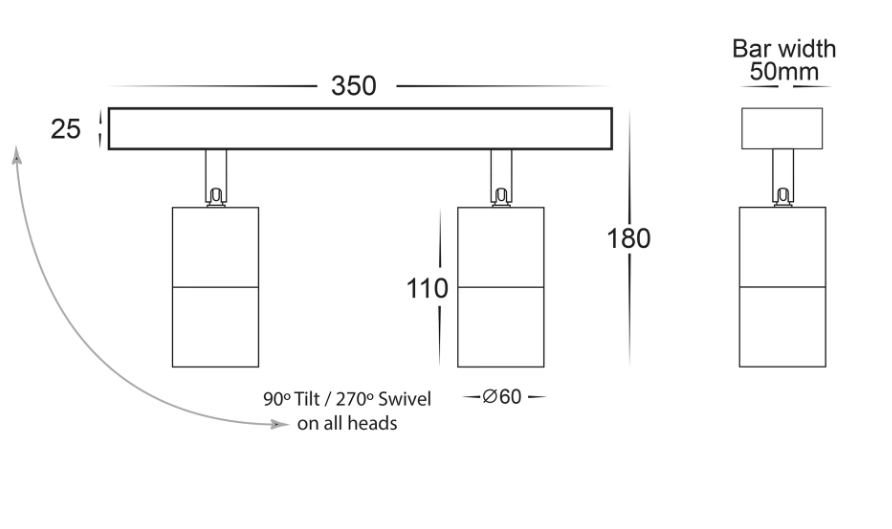 Havit Tivah LED Bar Lights Tri- Titanium Aluminium 2x5W 240V IP54 - HV4001T-2-TTM