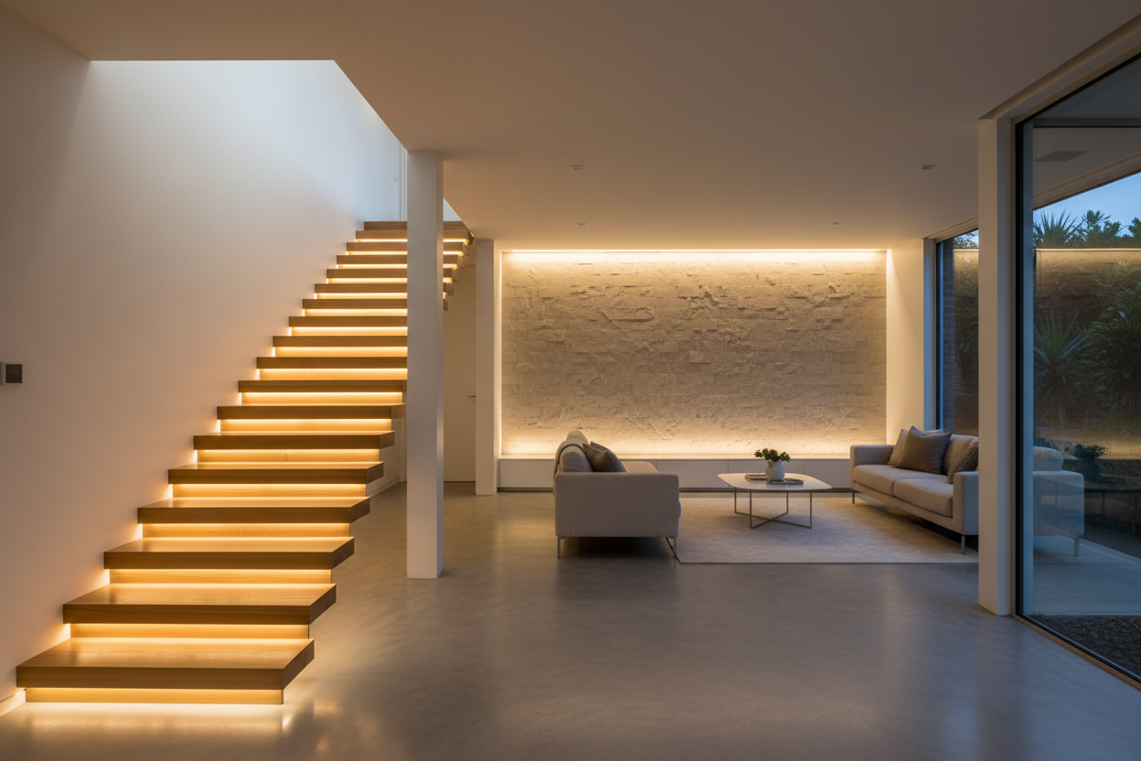 Warm white LED strip lighting installed beneath floating timber stairs, casting a soft glow on a polished concrete floor with cove lighting on a feature wall