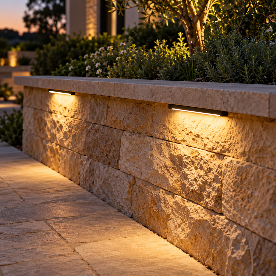Illustrative coping lights beneath a stone retaining-wall cap