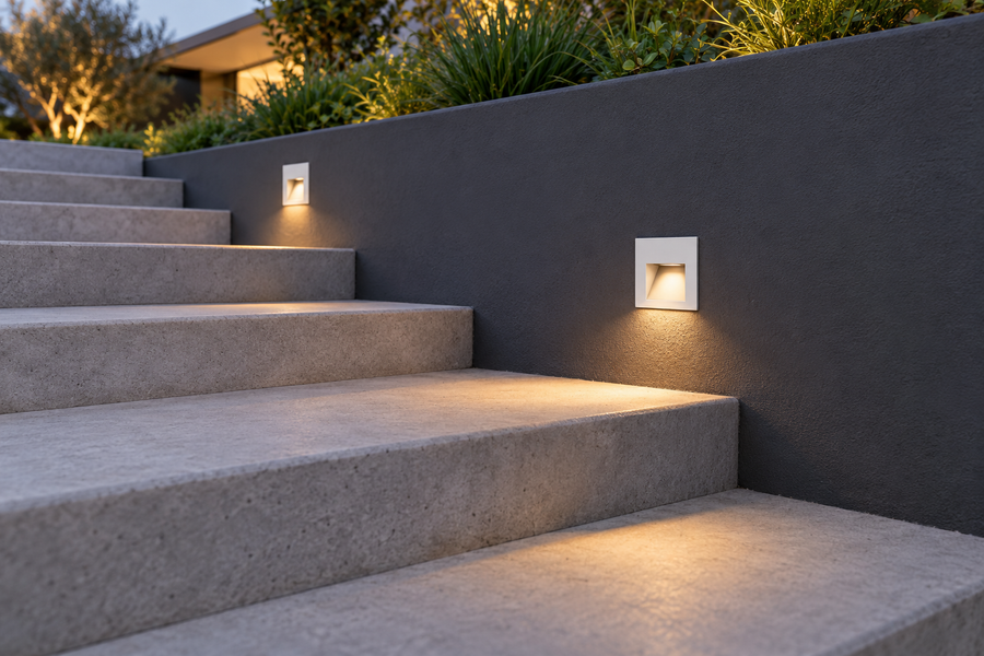 Illustration of white square recessed lights in a charcoal side wall beside grey outdoor stairs