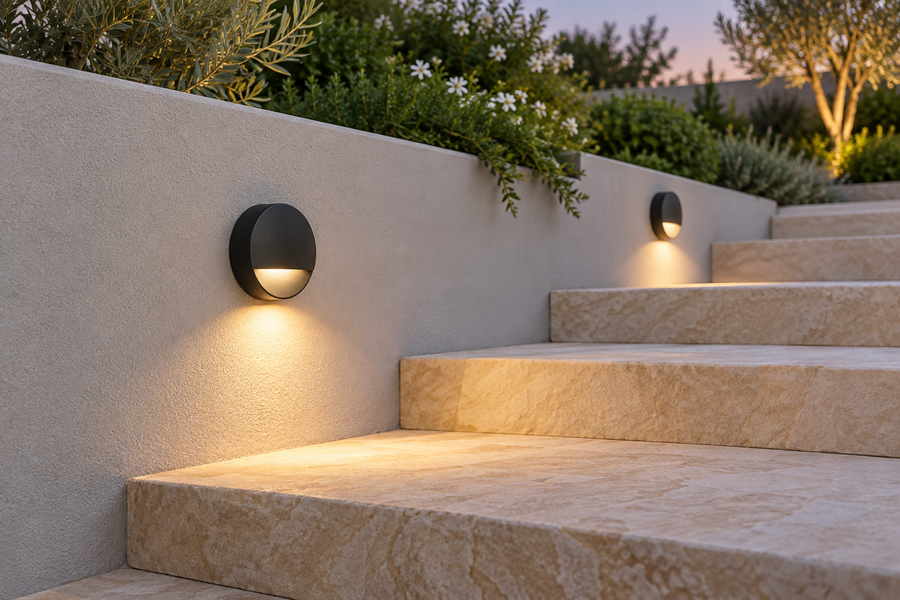 Illustration of surface mounted step lights on a garden stair wall