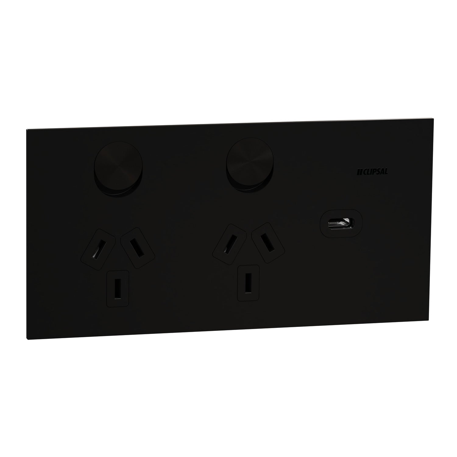 Clipsal Double Switch Power Point, Clipsal Solis T Series, with USB C Charger, Horizontal Mount Ebony Aluminium/ White Ceramic 230V-240V- 1025USBC-EA, 1025USBC-WC