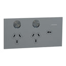 Clipsal Double Switch Power Point, Clipsal Solis T Series, with USB C Charger, Horizontal Mount Platinum 230V-240V- 1025USBC-PT
