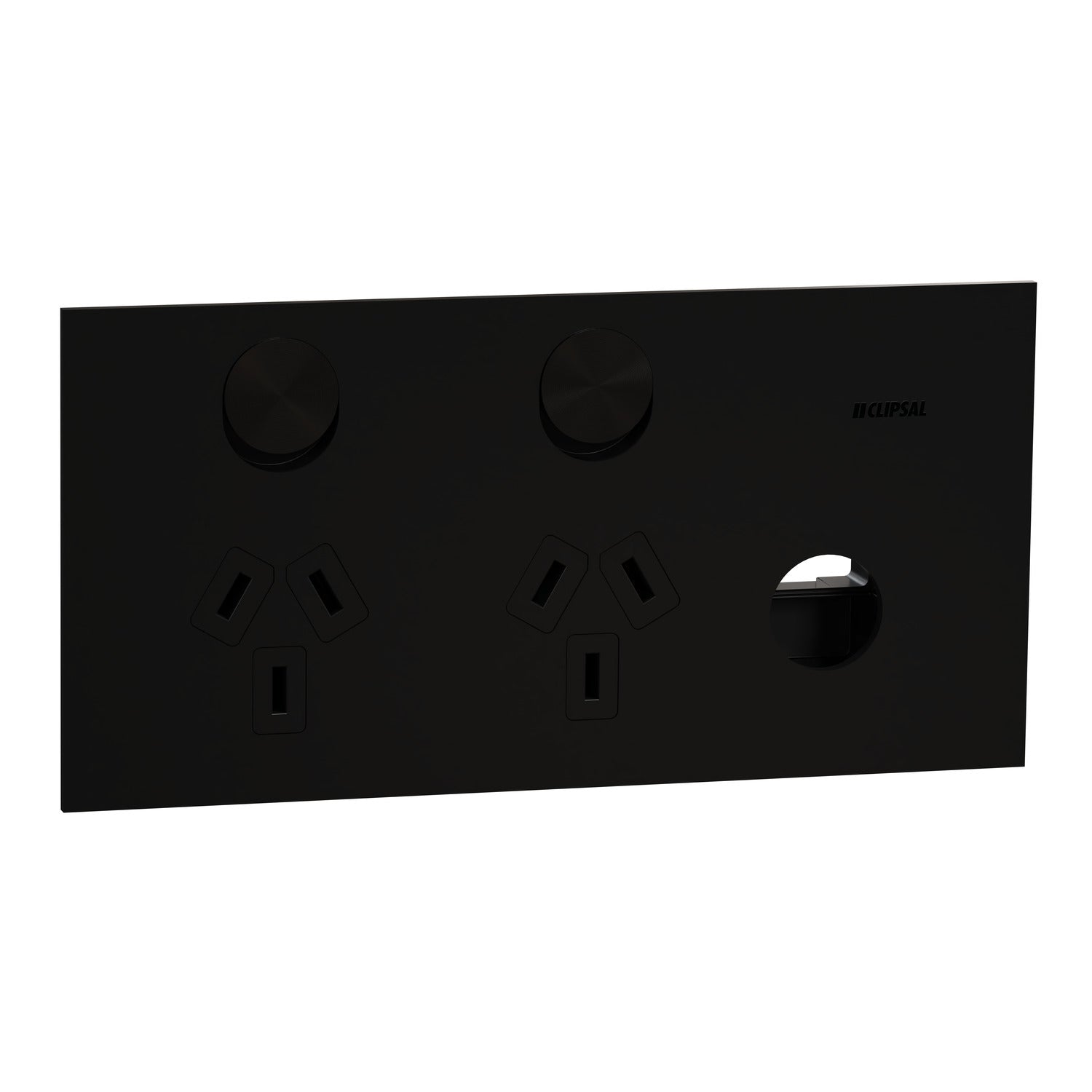 Clipsal Double Switch Power Point, Clipsal Solis T Series, Horizontal Mount, 10A, Living Brass/ Ebony Aluminium/ Ceramic White 230V-240V- 1025XUA-LB, 1025XUA-EA, 1025XUA-WC