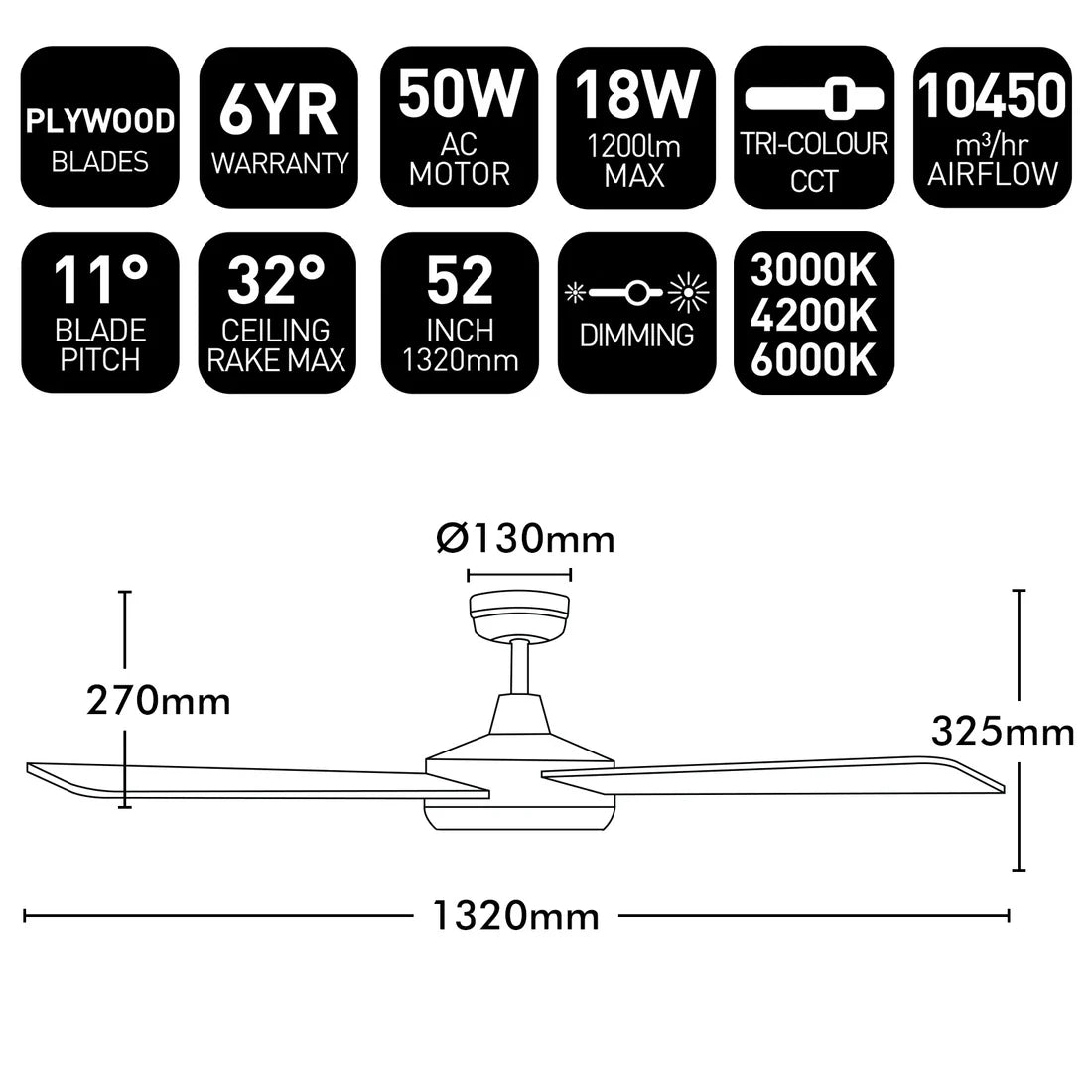 Brilliant Tempest-Supreme 52” AC Ceiling Fan with Light Tri- White 18W 240V- 20907/05