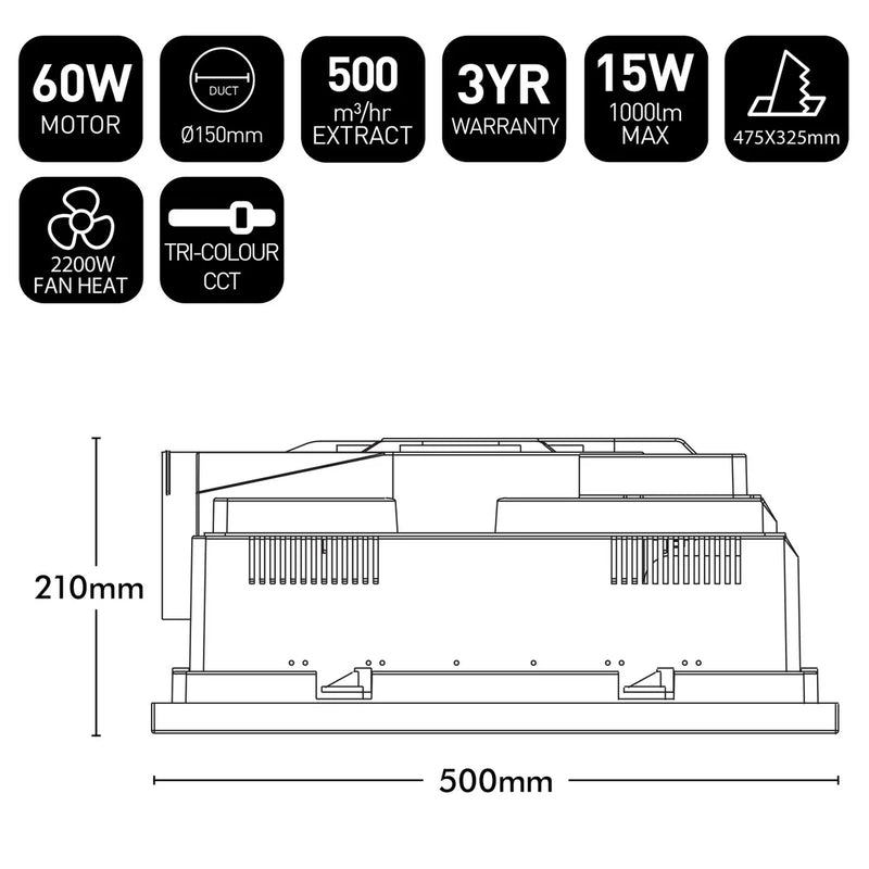 Brilliant SOLACE-XL 4-in-1 Bathroom Heater Ceiling Fan Tri- Matt White/ Matt Black 60W 220-240V - 21785/06, 21785/05