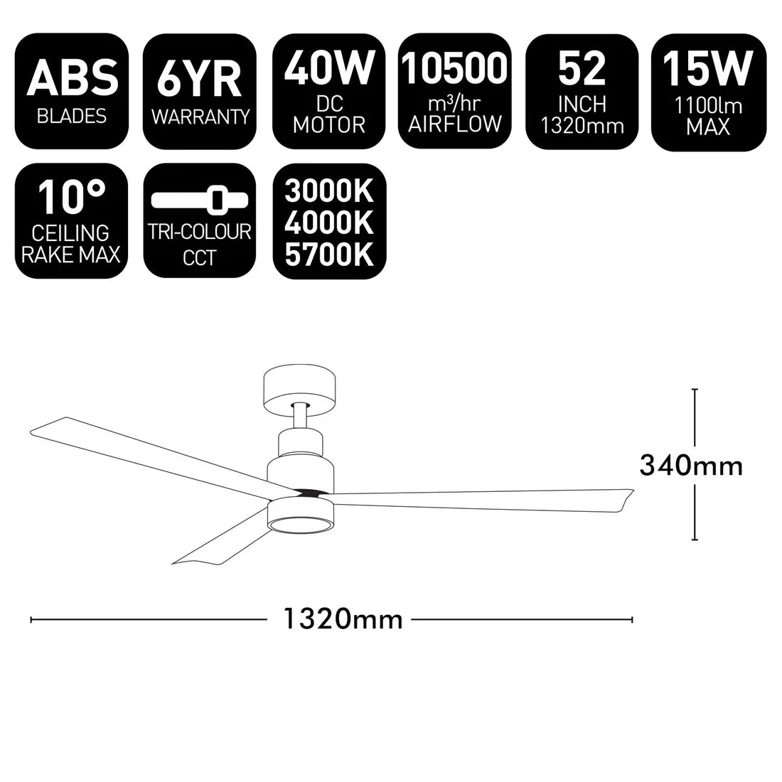 Brilliant JOLI 52in with Light Ceiling Fan Tri- White 40W 220-240V - 22196/05