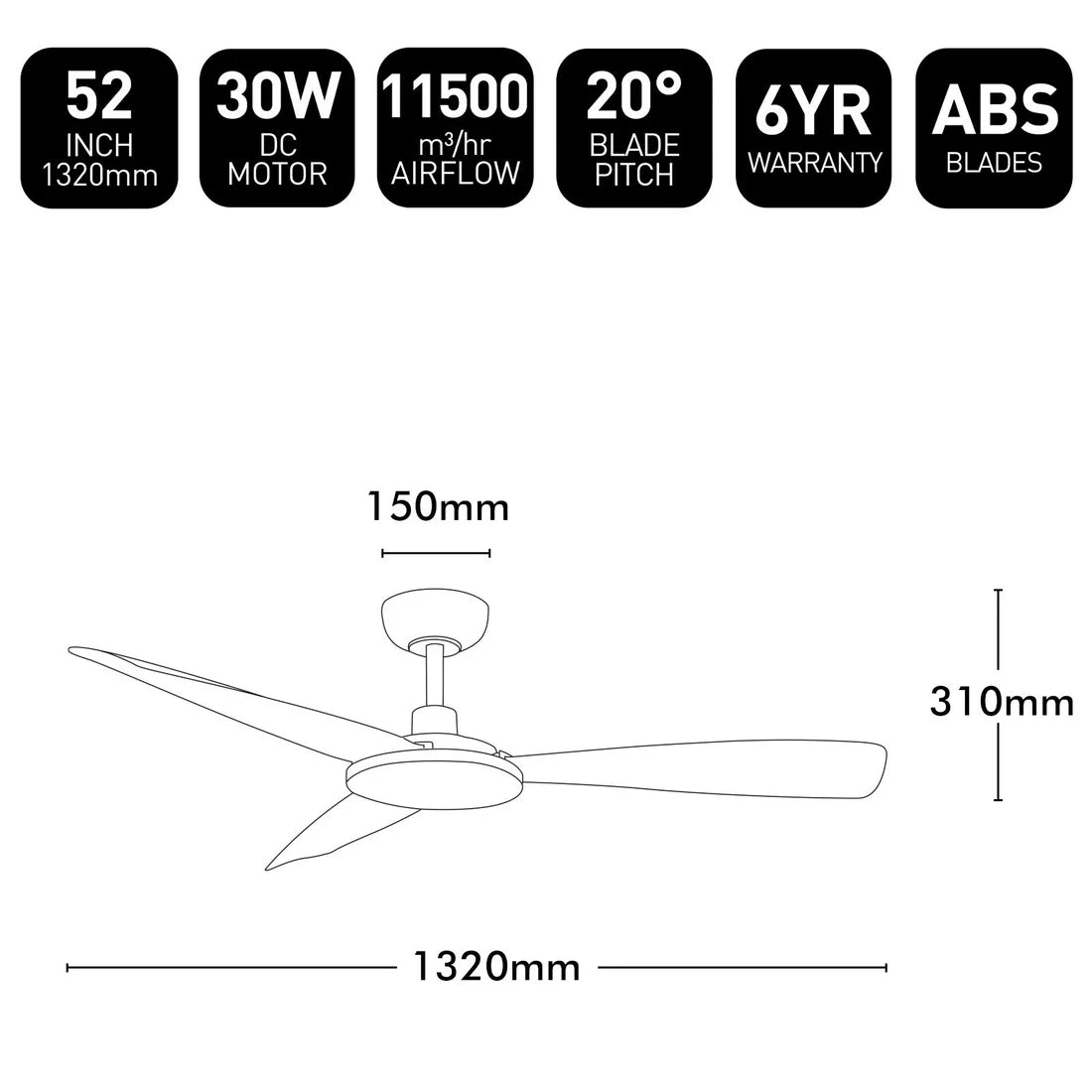 Brilliant MASCOT 52in Ceiling Fan Matt White/ Matt Black 30W 220-240V - 22197/06, 22197/05
