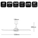 Brilliant Tempo Plus 48" AC Ceiling Fan Brushed Chrome/ White/ Black 65W 240V- 22270/13, 22270/06, 22270/05