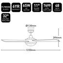 Brilliant Tempo Plus 48'' AC 4-Blade Ceiling Fan with Light Black/ White/ Brushed Aluminium 65W 240V- 22273/06, 22273/05, 22273/13 