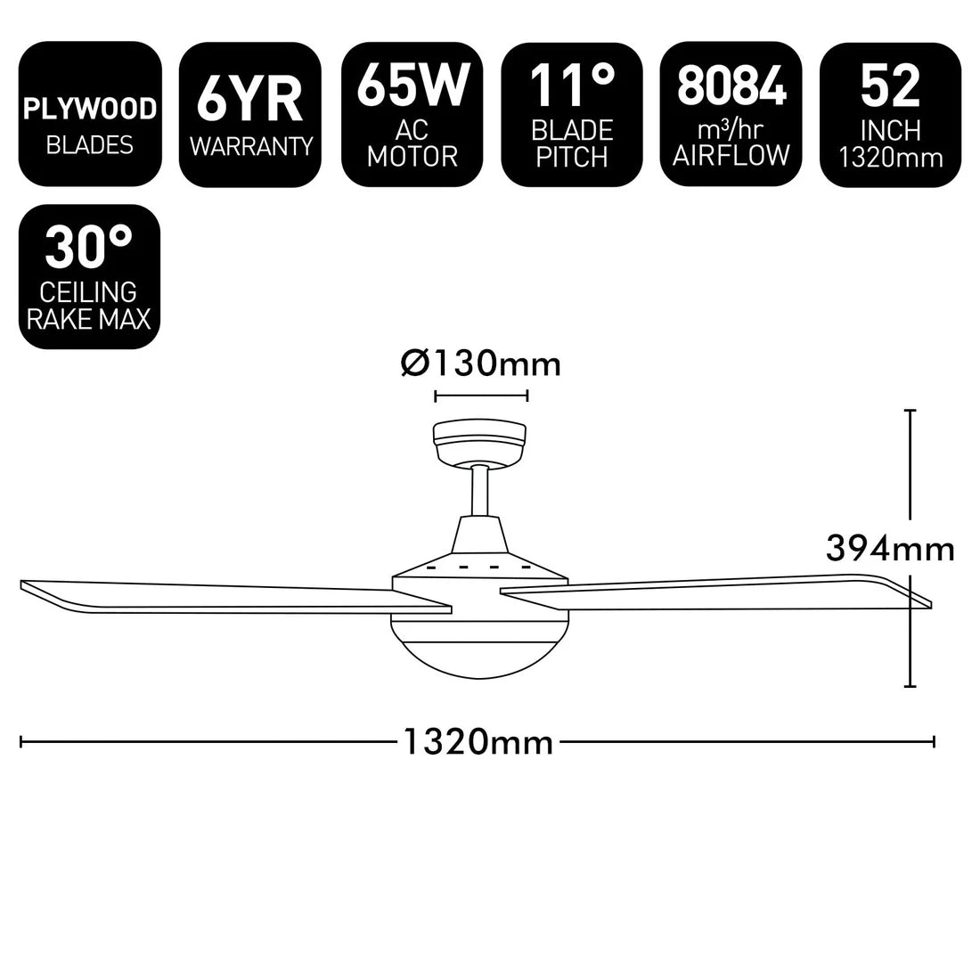 Brilliant Tempo Plus 52'' AC 4-Blade Ceiling Fan with Light Black/ White/ Brushed Aluminium 30W 240V- 22279/05, 22279/06, 22279/13