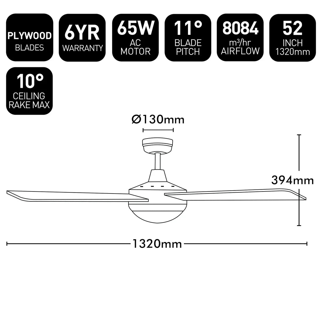 Brilliant Tempo Plus 52'' AC Ceiling Fan with Light and Remote White 65W 240V- 22279/05R