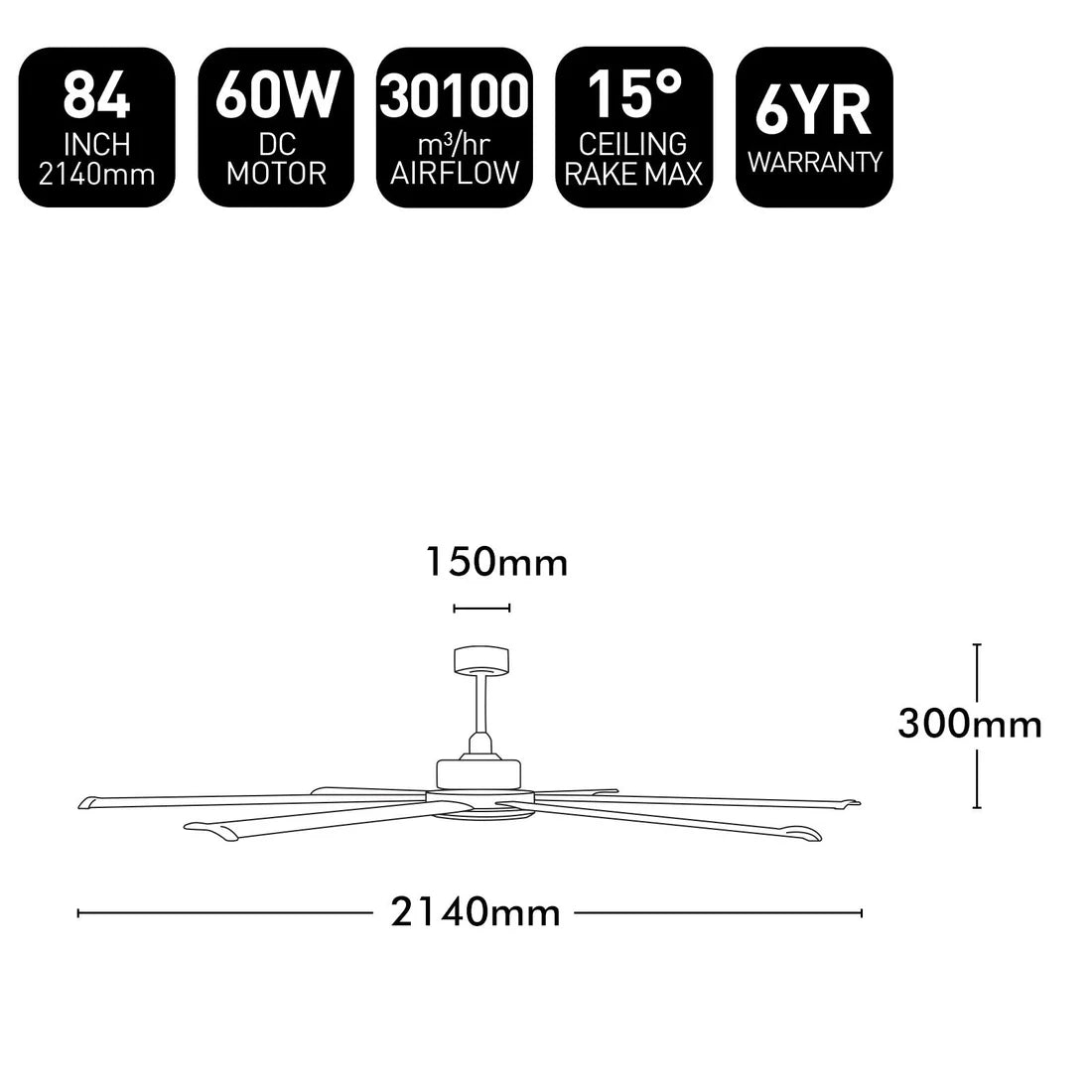 Brilliant Colossus 84" DC 6-Blade Ceiling Fan White/ Black/ Satin Nickel/ 60W 240V- 22319/05, 22319/06, 22319/13