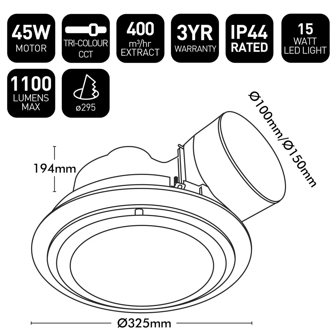 Brilliant Talon 325mm Round Exhaust Fan Tri- White 15W 240V IP44- 22374/05