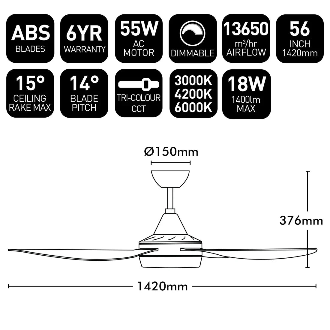 Brilliant Vector III 56" AC Ceiling Fan – Black / White – 22563/06 – dimension drawing