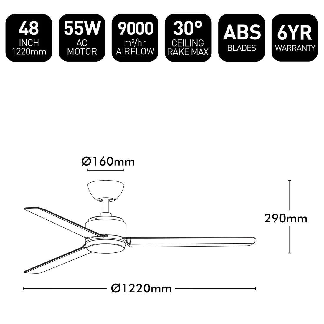 Brilliant Solana 48" AC ABS Ceiling Fan Black/ White 55W 240V- 22759/06, 22759/05