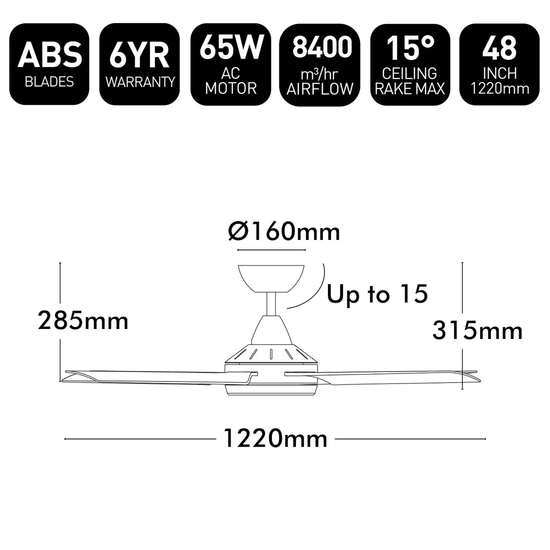 Brilliant 48” AC Cairns Ceiling Fan Black/ White 65W 240V - 22874/05, 22874/06