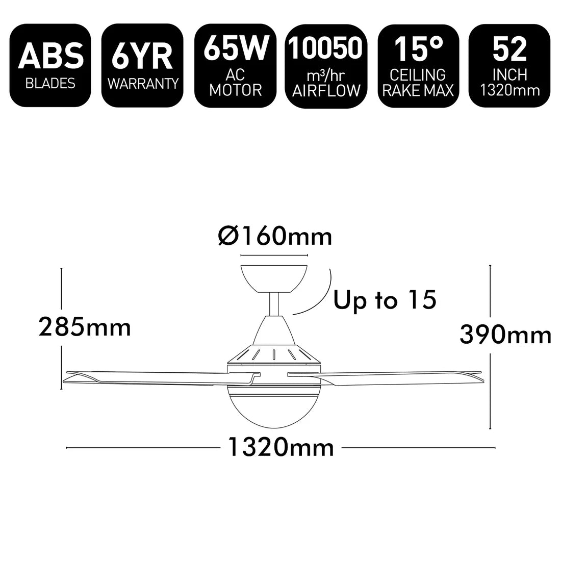 Brilliant 52” AC With B22 Light Cairns Ceiling Fan Black/ White 40W 240V- 22880/06, 22880/05