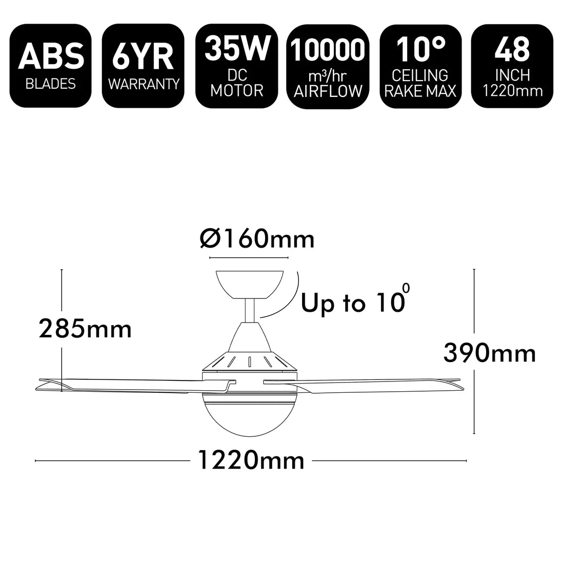 Brilliant Cairns 48" Ceiling Fan with Light Matt Black/ Matt White 2x40W 240V- 22974/06, 22974/05
