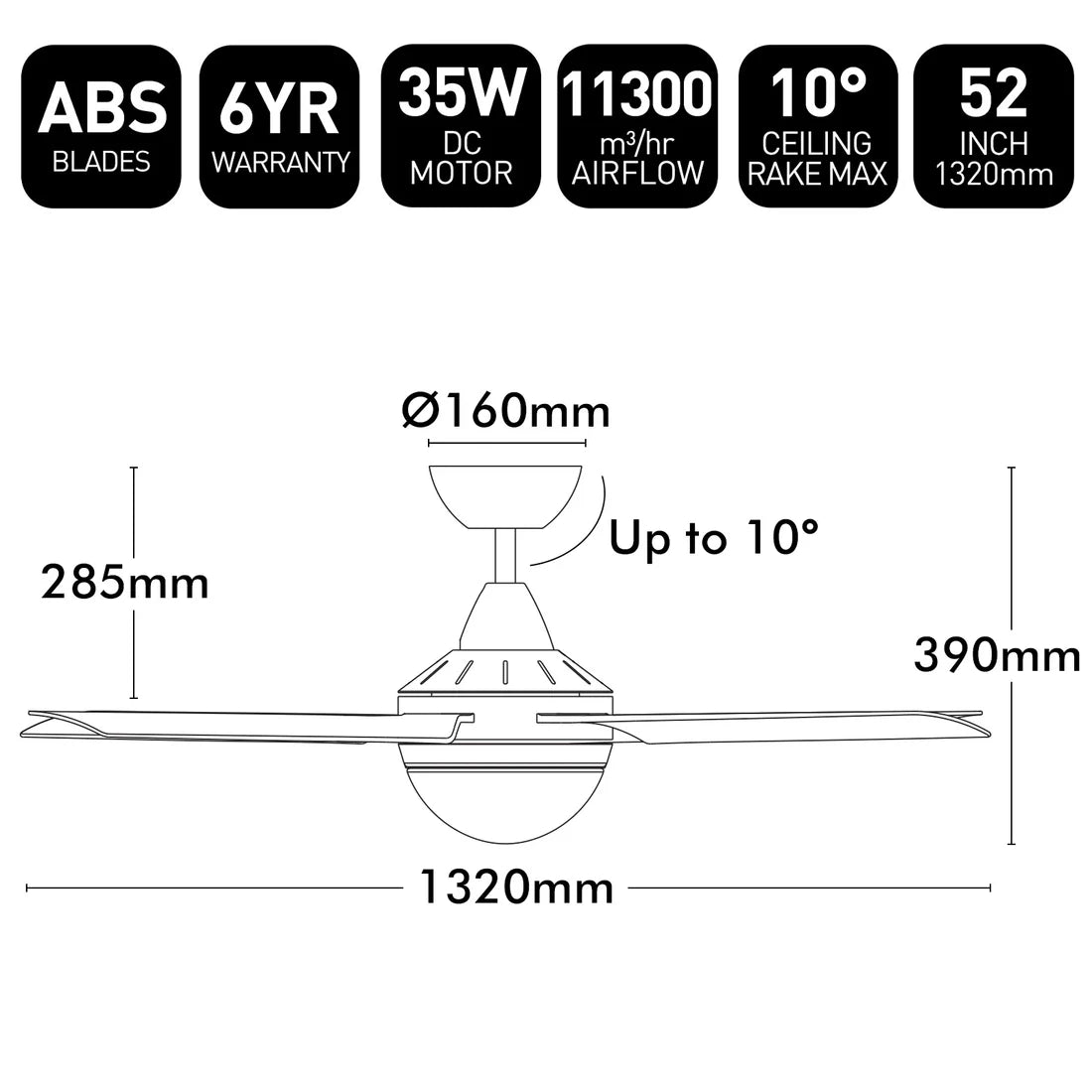 Brilliant Cairns 52" Ceiling Fan with Light Matt Black/ Matt White 2x40W 240V- 22976/06, 22976/05