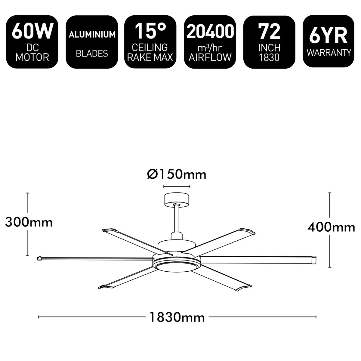 Brilliant 65" Colossus II 6-Blade Ceiling Fan White 60W 240V- 22979