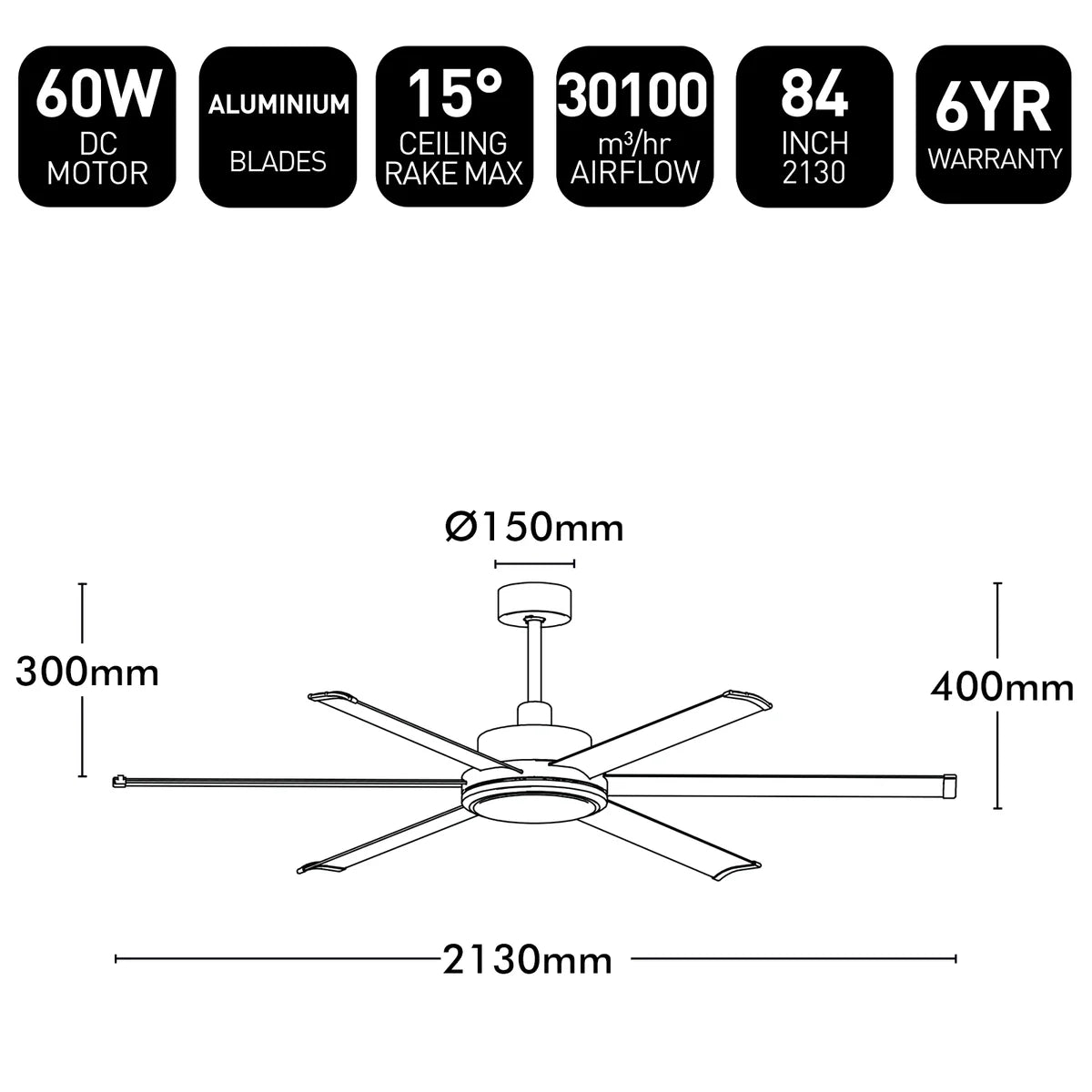 Brilliant 65" Colossus II 6-Blade Ceiling Fan White 60W 240V- 22979
