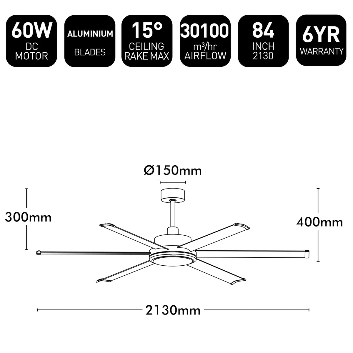 Brilliant 65" Colossus II 6-Blade Ceiling Fan Black 60W 240V- 22989