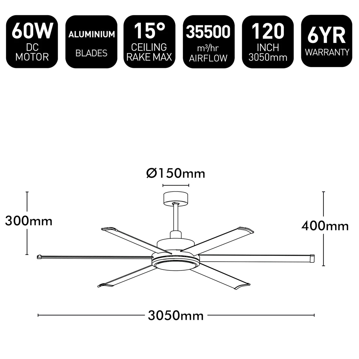 Brilliant 65" Colossus II 6-Blade Ceiling Fan Black 60W 240V- 22989
