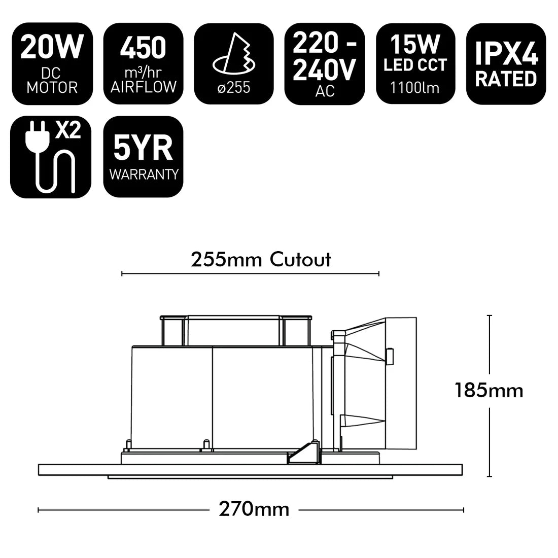 Brilliant Blizzard Square Exhaust Fan with LED Light Tri- White 15W 240V- 23028/05, 23029/05