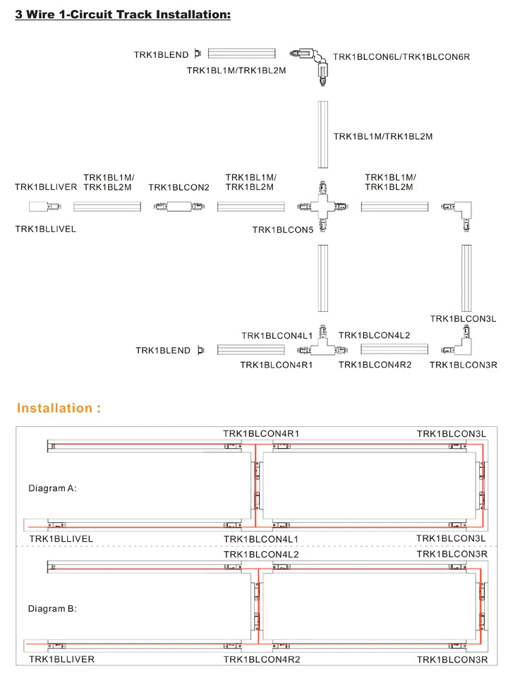 CLA 3 Wire 1 Circuit Universal Tracks, Connectors, End Cap & Live End Accessories White - TRK1WH - CLA Lighting