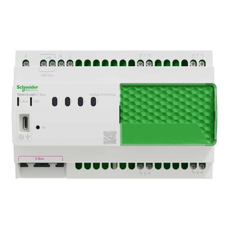 Clipsal Relay voltage free, SpaceLogic C-Bus, 4 channel, DIN rail mounted, selectable inbuilt C-Bus power supply - Replaces L5504RVF, L5504RVFP